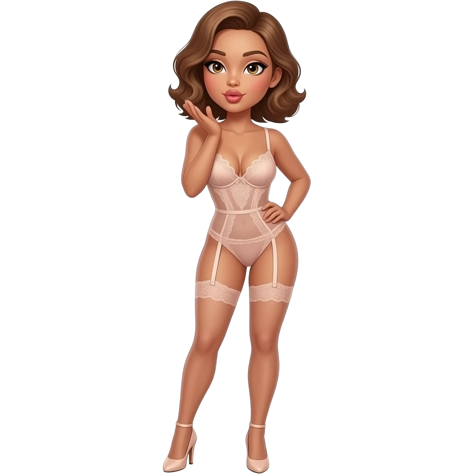 glamours,-tanned,-very-beautiful-woman-with-big-plump-rose-beige-lips,-long-lashes,-honey-silky-very short- hair,-wavy-hair,-hazel-eyes-wearing-nude-lace-lingerie-nude-stilettos-Looks-sexy-winking-blowing-kiss-from-hand-full-body emoji