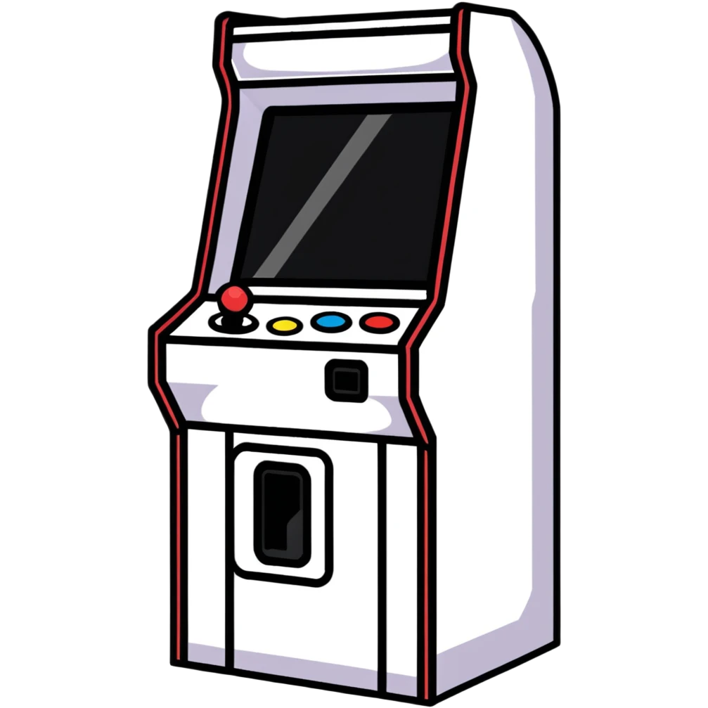 A cute sticker-style arcade cabinet with a smiling face on the screen emoji