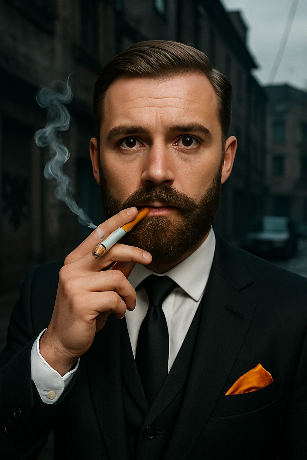 Make the emoji of a character with beard, cigarette, elegant suit, urban background, Albanian mafia style, more realistic with detailed realism. emoji
