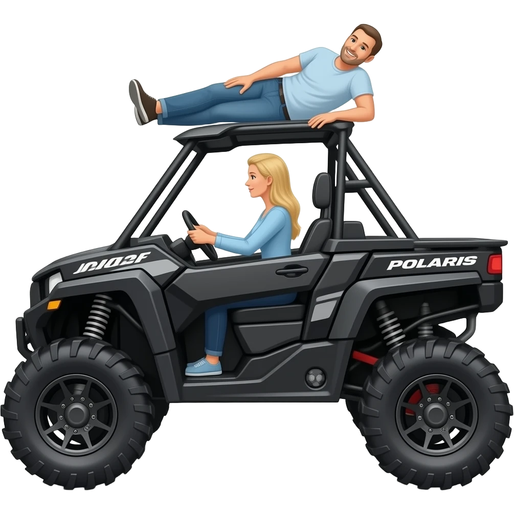 Black side view Polaris ranger sxs  lifted super high with mom (blonde) and driving  and dad laying on top of roof emoji