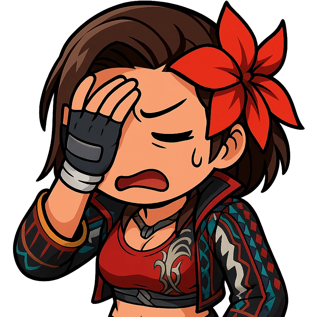 Azucena from Tekken 8 in chibi sticker style with facepalm and exasperated expression, standard Twitch emote, wearing her detailed red and patterned outfit as shown in the reference images. emoji