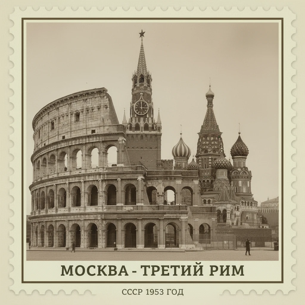 Римский Колизей рядом с московским Кремлем

Подпись: Москва - третий Рим. СССР 1953 год

Стилизуй изображение под марку как на фото emoji