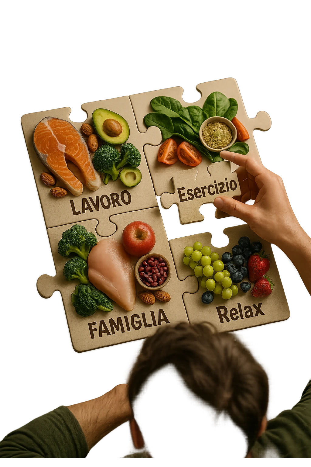 realistica cinematic photo a person is surrounded by puzzle pieces, each representing a different aspect of their life (Lavoro, Esercizio, Famiglia, Relax), and healthy foods are integrated into each piece. The person assembles the puzzle, creating a complete, personalized nutrition plan. The mood is uplifting and creative. in italiano emoji