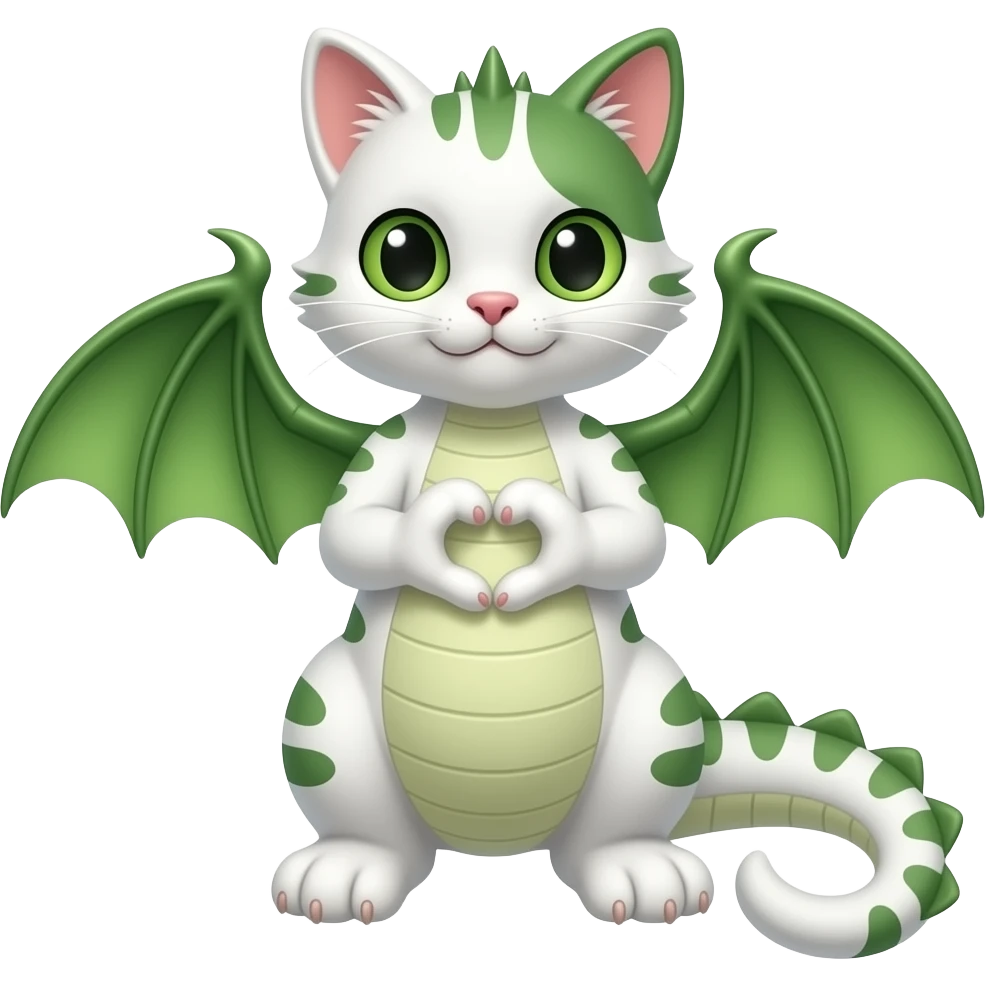 White and green cat dragon making a heart with its paws emoji