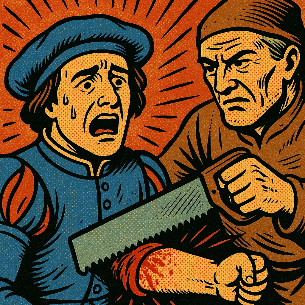 A young french soldier from the 1500s facing forward - face on. The soldier is in pain as he is having his arm amputated with a saw above the elbow by a tudor surgeon. emoji