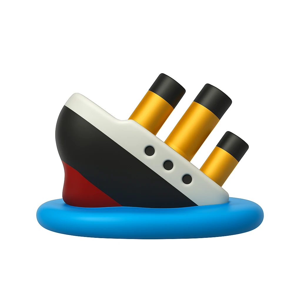 A 3D emoji in iOS emoji aesthetic style of a ship almost completely submerged underwater, with only the back tip of the vessel still visible above the ocean surface, calm blue water, no waves, glossy Apple-style design, clean white background

 emoji