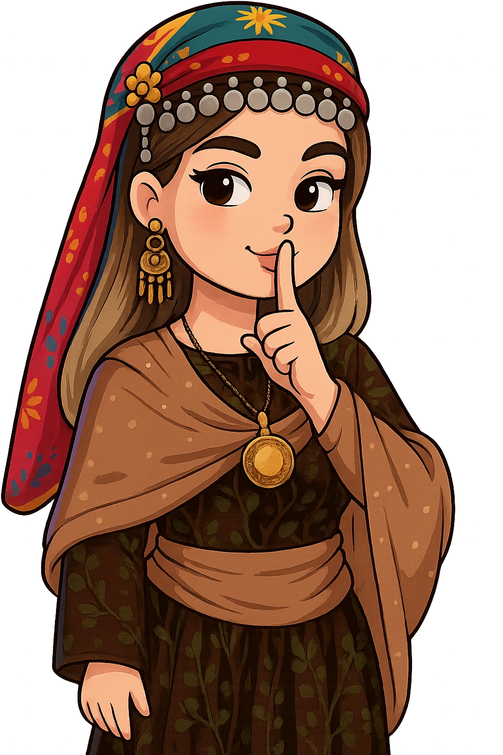 Kurdish cartoon sticker of the same woman in the new dress, making a 'shh' gesture with finger on lips, playful or secretive expression, no text, transparent background, chibi stickers style. emoji