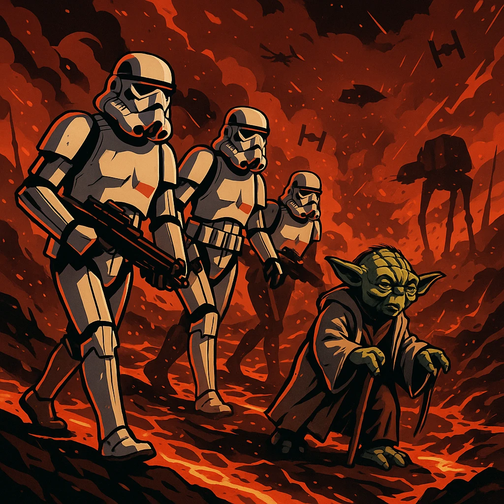vector art of a Starwars stormtroopers is walking on lava planet with yoda, battleground background 
 emoji