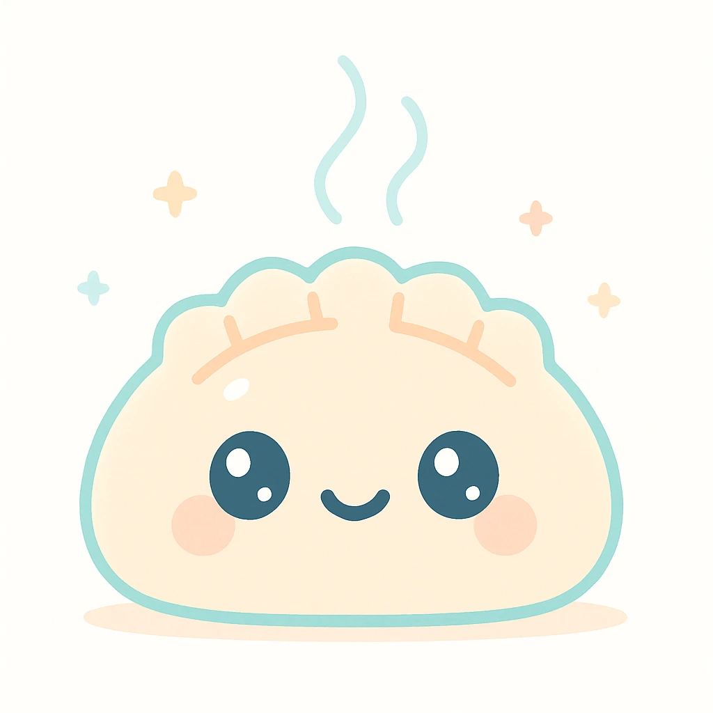 a dumpling with steam rising, smiling face, kawaii style, adorable, cute expression emoji