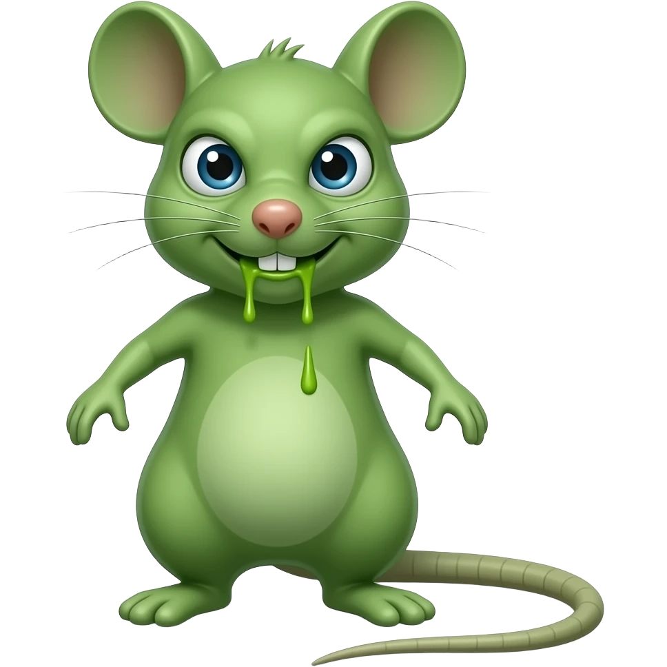 A little green mouse standing upright, with arms and legs that look like those of a little person, staring at us with loathsome face on its face, with vomit. The mouse’s body is entirely green. emoji