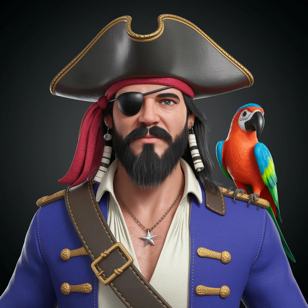 digital 2d art of pirate with eye patch and parrot emoji