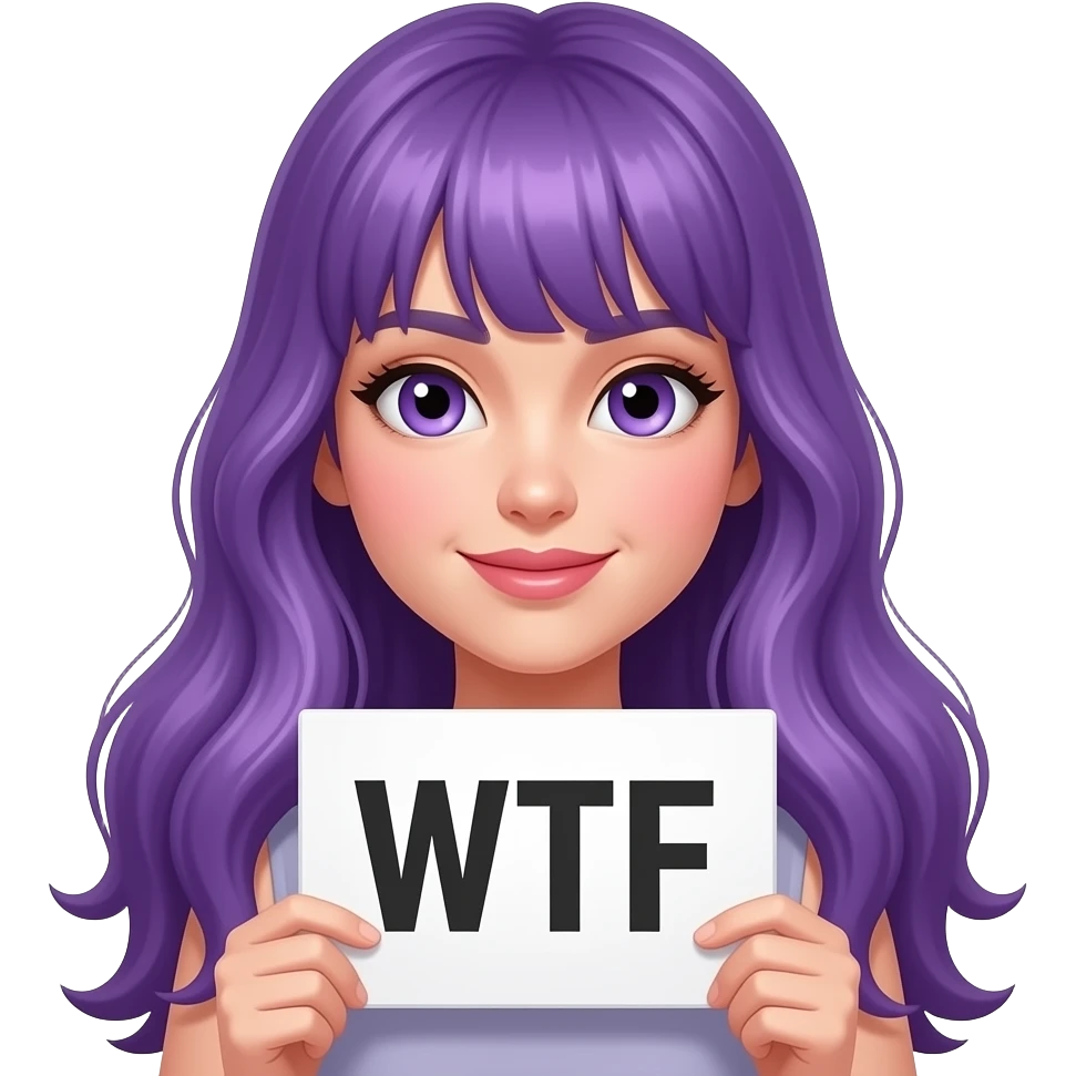 sexy girl with long purple hair and purple eyes holding a WTF sign emoji