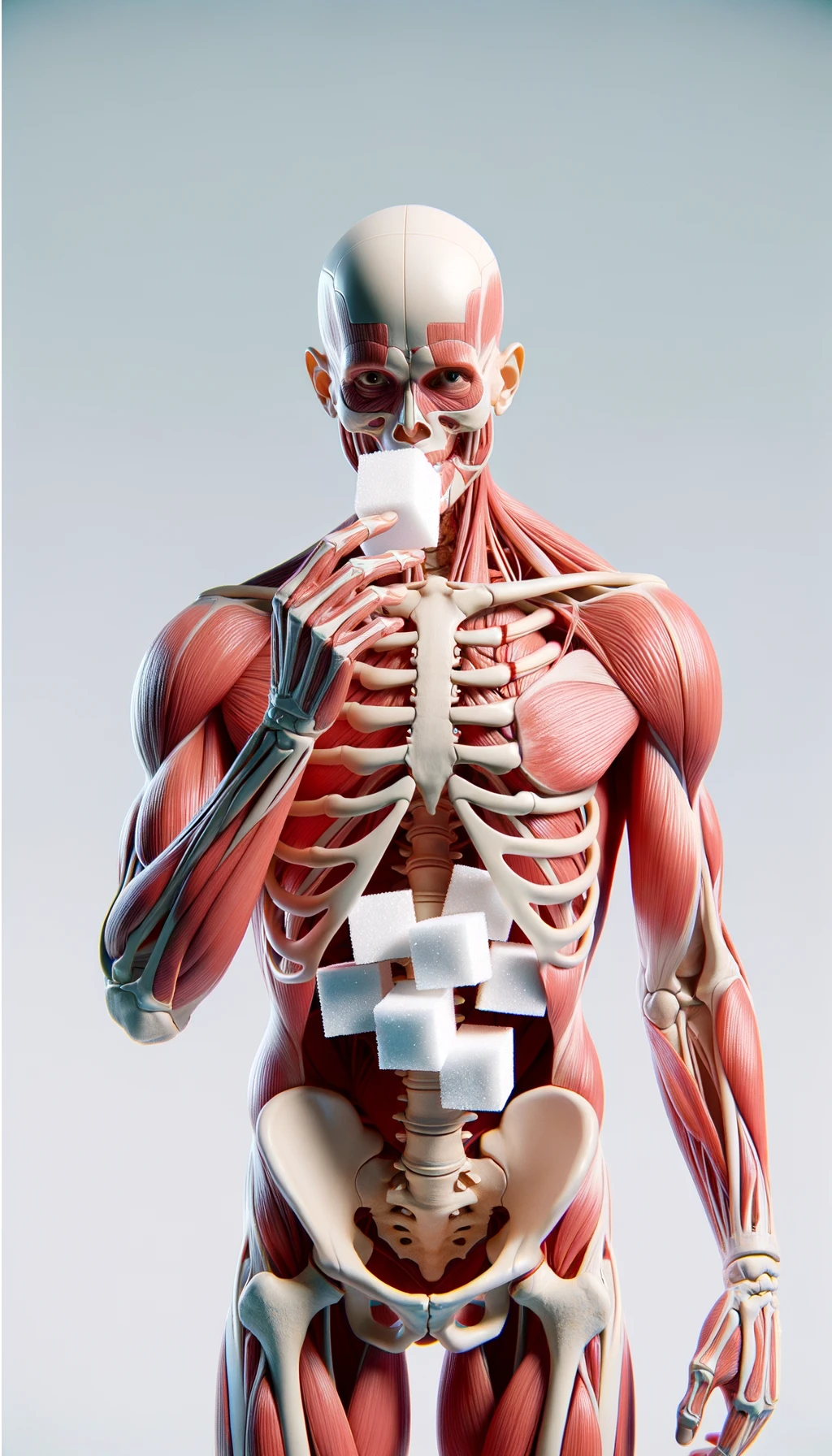 corpo umano anatomico in piedi a figura intera che mangia zollette di zucchero, posa frontale, iperrealistico 4k, isolato su sfondo bianco emoji