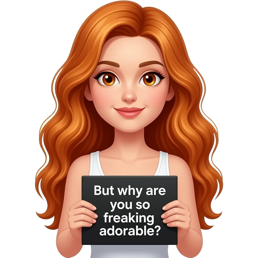 sexy girl with long wavy ginger hair and ginger eyes wearing a white tanktop is holding a black colored sign with But why are ou so freaking ADORABALE? written on it emoji
