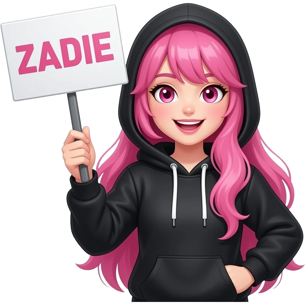 sexy girl with long pink hair and pink eyes wearing a black hoodie with the hood atop her head holding a ZADIE sign emoji