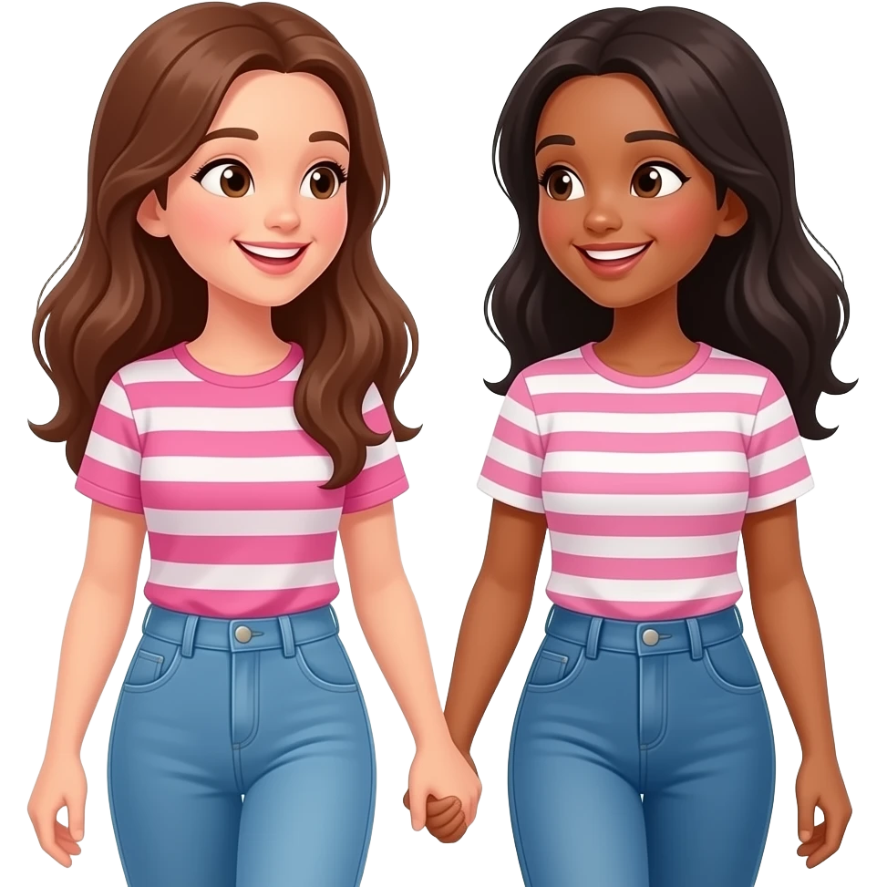 A brunette and a black haired girl walking while smiling and talking, they are beat friends emoji