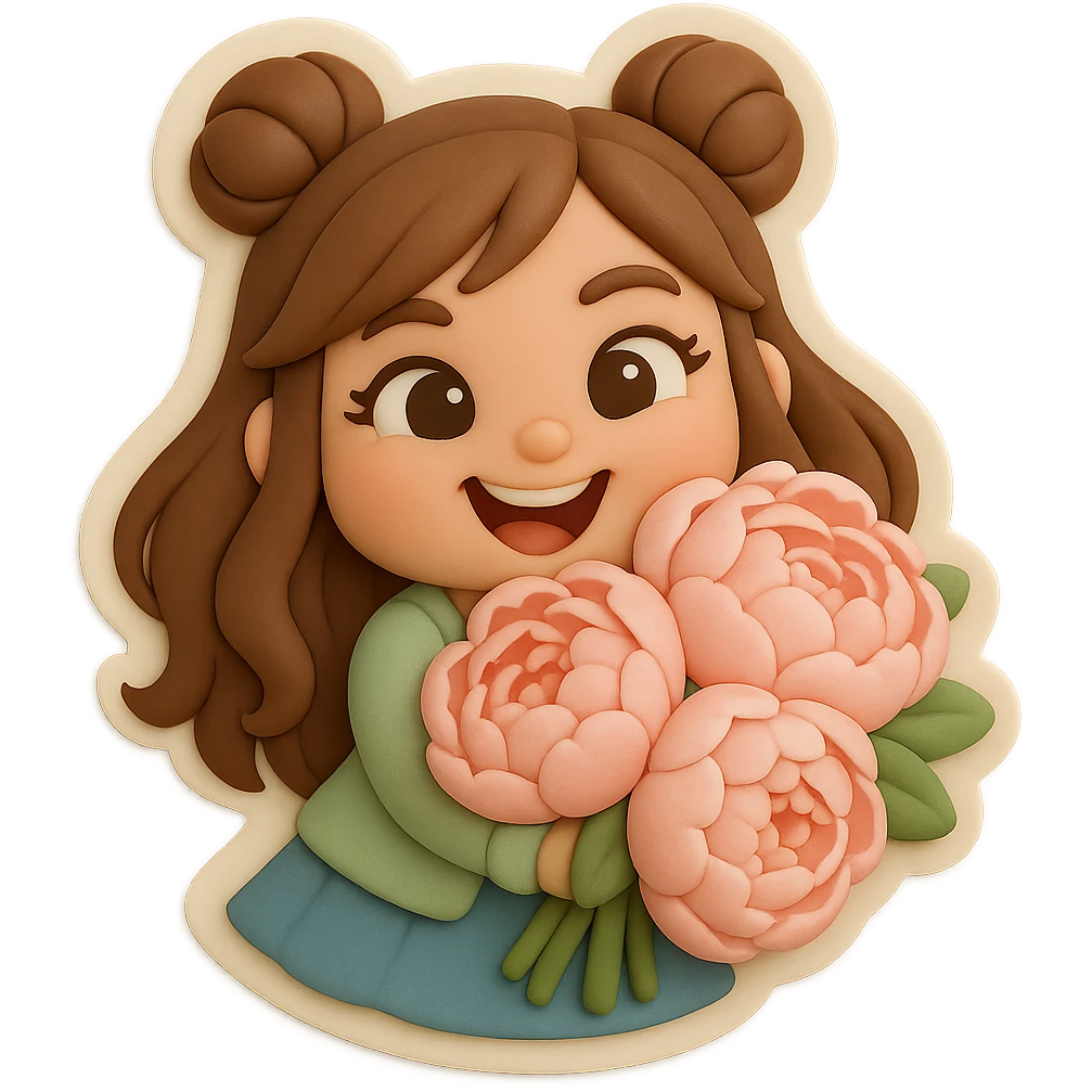 3D chibi fondant cake art style, high-quality rendering with smooth shadows and soft gradients. Girl based on reference image, preserving facial features and eye shape exactly as in the reference. Long brown hair styled in two space buns, brown eyes. Thick white outline like a sticker, transparent background. She is smiling widely and holding a lush bouquet of giant soft pink peonies close to her chest, some petals touching her cheeks. emoji