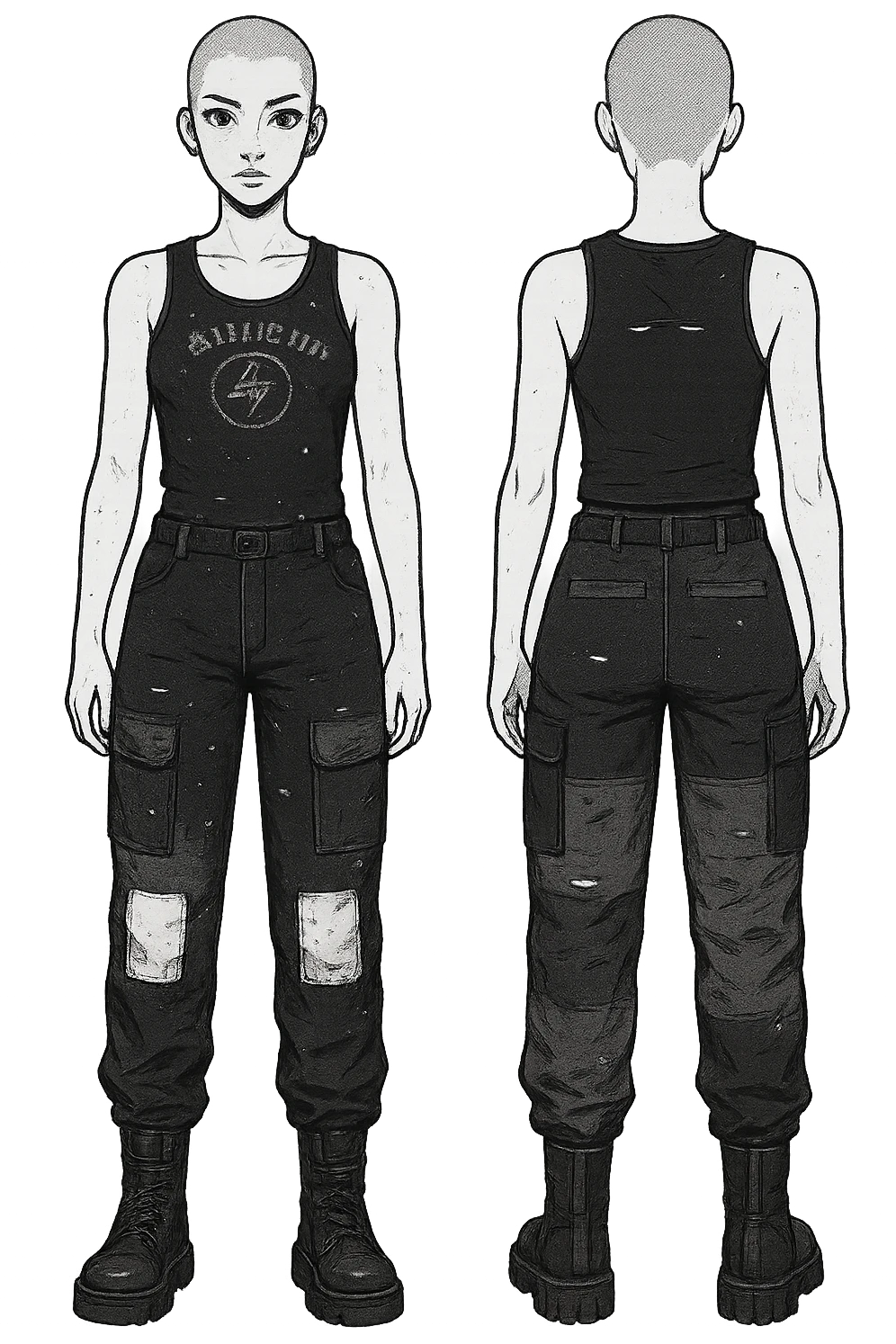 1 female outfit design for a VTUBER OC. The style is mixed 90's grunge, punk, lots of black and white in the color scheme, futuristic aesthetic. Clothing has small rips and tears from wear, logos and designs are faded. Garage, Shoegaze, postmodern style. character design concept art outfit for a female. [[FUTUREPUNK CYBERGOTH]] front on view, not 3/4 angle or any angle, perfect front, front and back view of each design, black and white patched gorka-style cargo lower, black graphic tanktop upper, buzz cut emoji