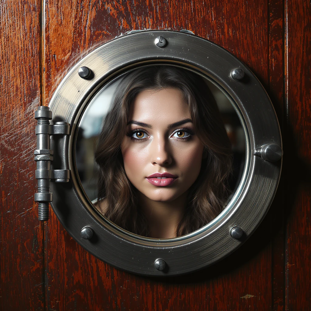 a round ship porthole with metallic frame, bolts, and glass, realistic style emoji