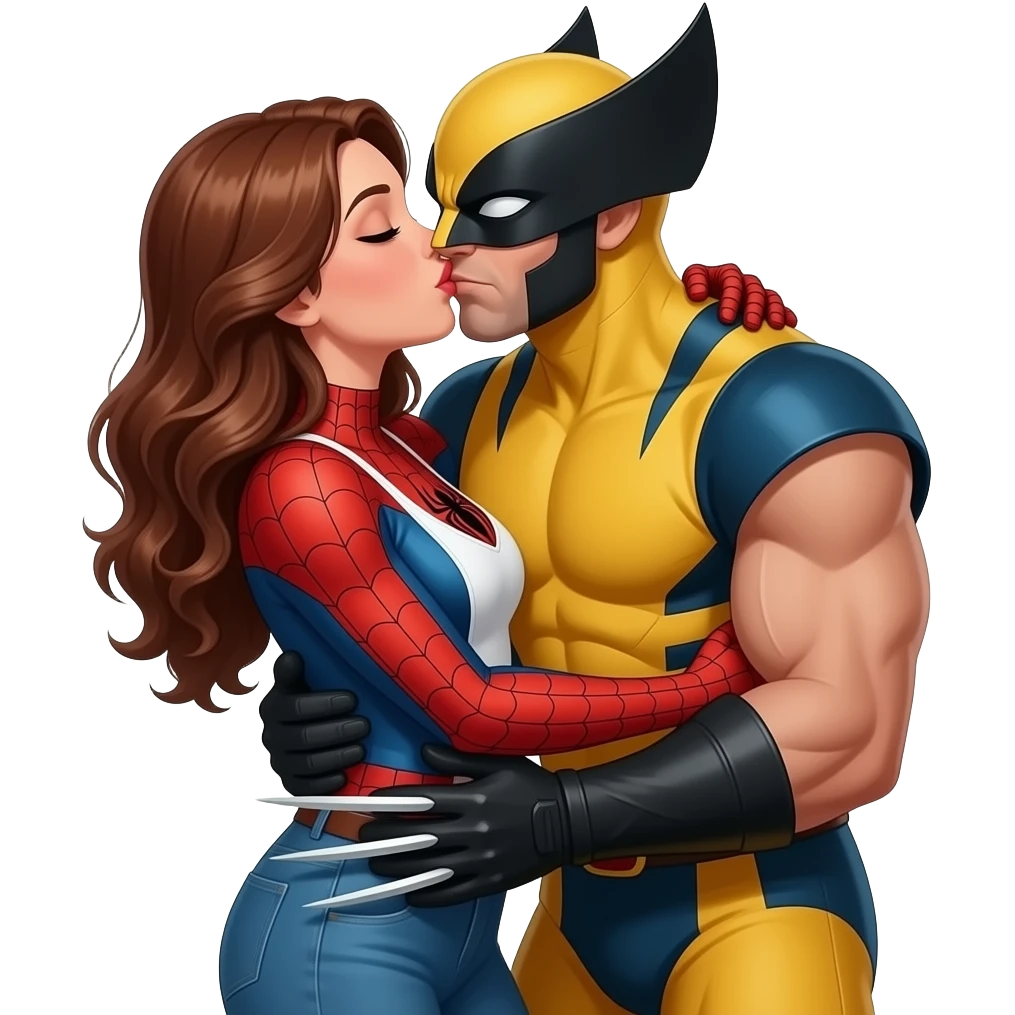 3 characters hugging and kissing: spiderman,  wolverine behind grabbing her hips emoji
