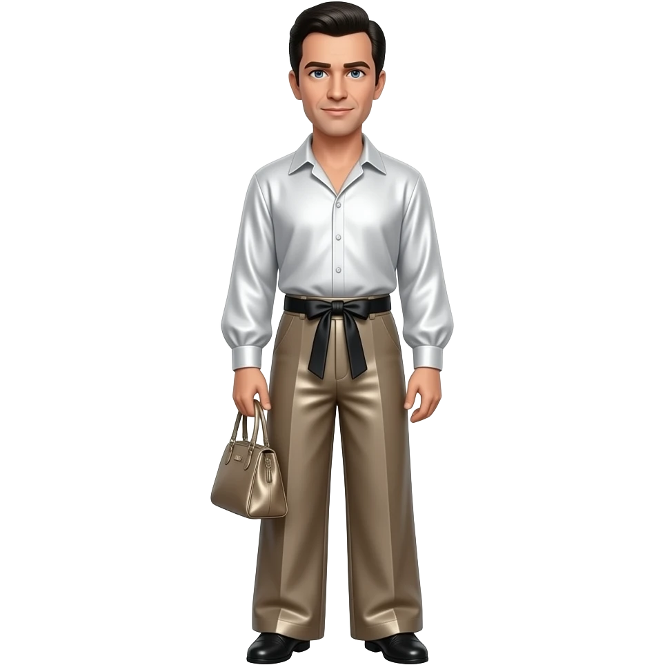 Oliver Reed with blue eyes, black 60s hair, white metallic blouse, black obi belt, taupe metallic baggy wide leg pants emoji