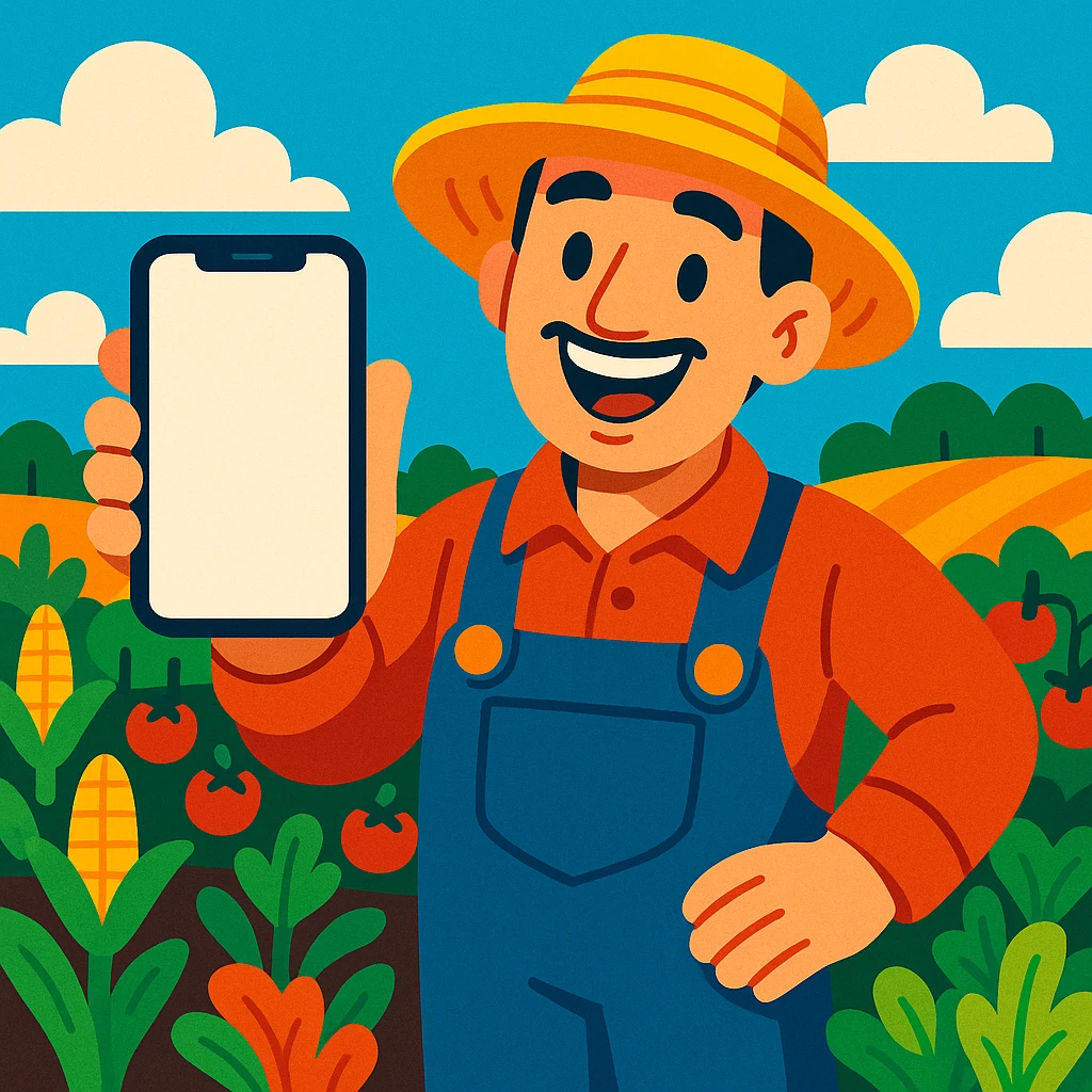 A smiling farmer showing a smartphone screen, surrounded by crops, friendly and approachable. emoji