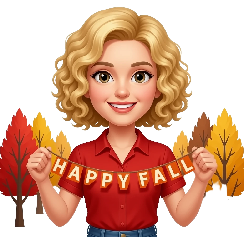 blonde tight curly hair in a short bob Happy Fall banner in a short sleeve red blouse with red, yellow, and brown trees emoji