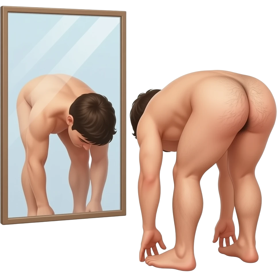 spreading open  butt cheeks and observing looking back  hairy butthole wide open looking at it in mirror bent over touching toes emoji
