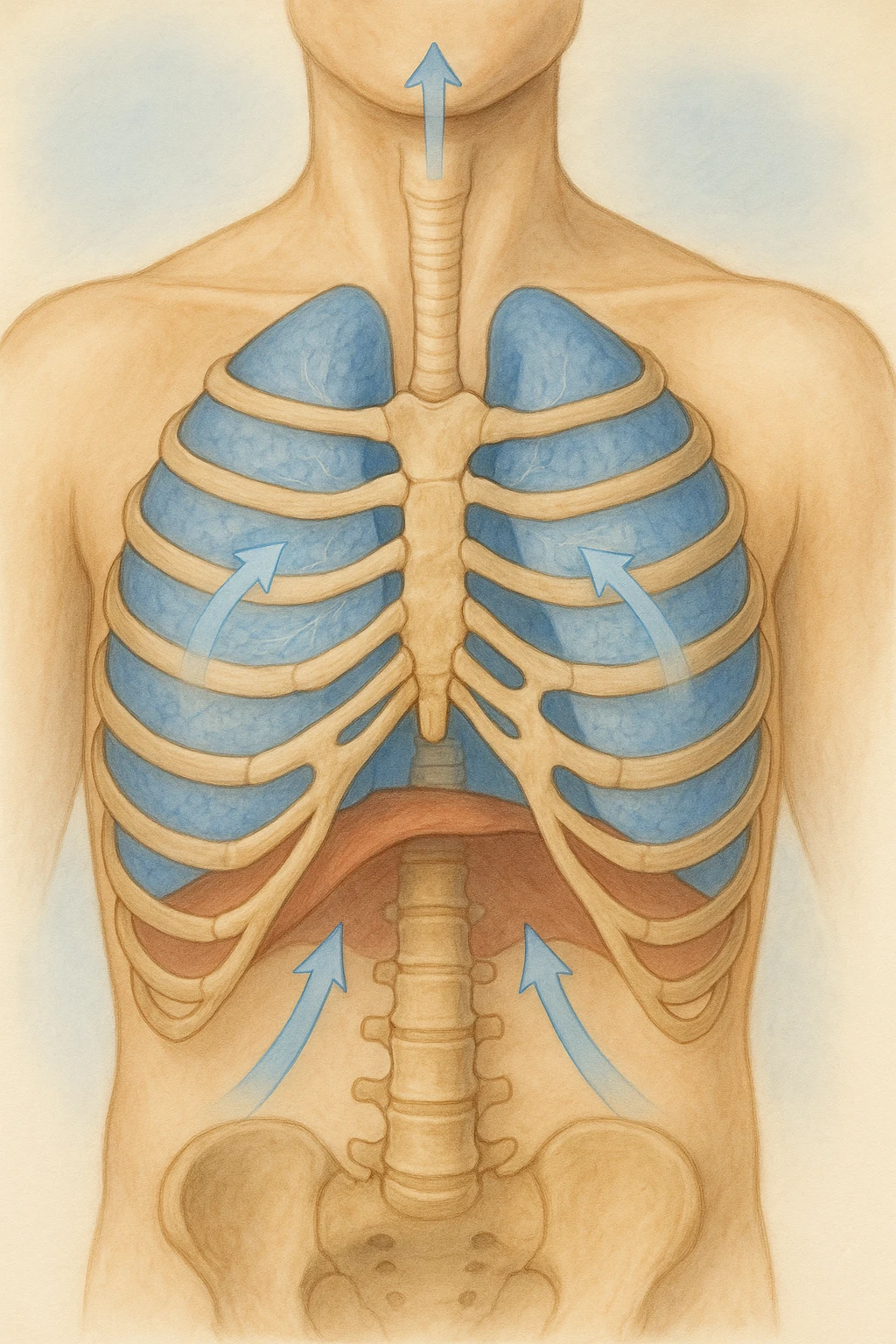 A realistic, high-quality anatomical illustration showing a human torso with visible rib cage and diaphragm. The ribs are shown in a decompressed, expanded state, allowing full lung expansion, while the diaphragm is depicted as relaxed and lowered, indicating deep, efficient breathing. Soft blue and warm tones highlight airflow and lung capacity, with light arrows illustrating the air movement during diaphragmatic breathing. The image conveys a sense of calm, openness, and optimal breathing mechanics, useful for physiotherapy, breathing education, and osteopathic learning contexts realistica emoji