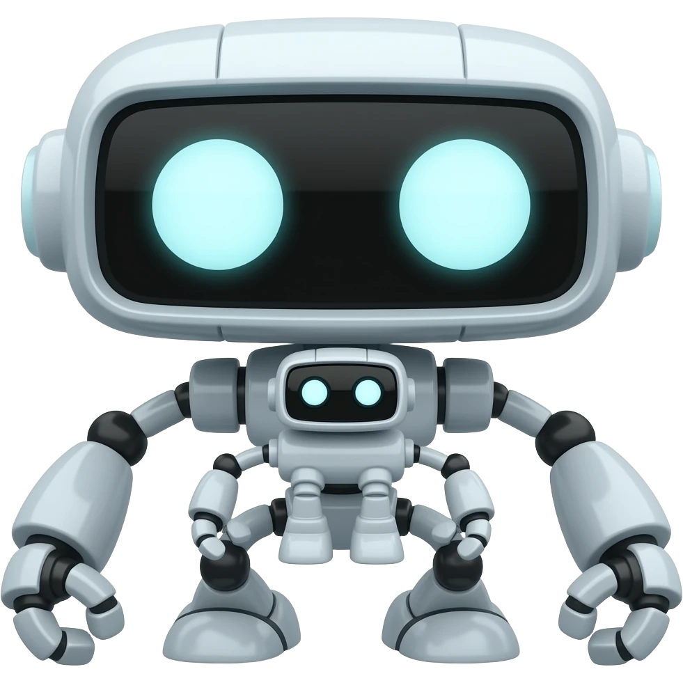 A platform with 2 legs facing forward with glowing white eyes and with no arms and also big carrying a tiny robot emoji