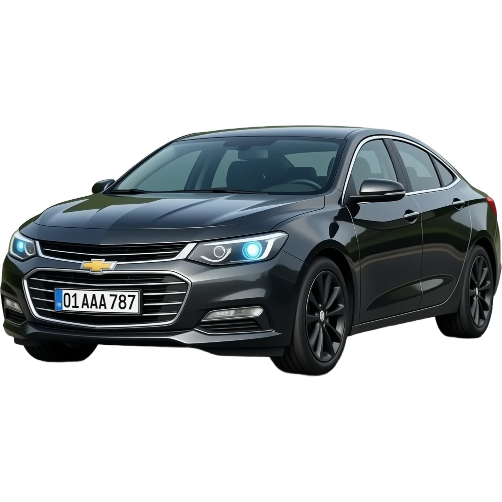 A realistic icon emoji of a metallic black sedan Chevrolet Malibu 2.0L Turbo Premier, wide shot, dark charcoal tint windows, black alloy 5-spoke rims, Dynamic sky blue glow LED headlights with glowing effect, uzbekistan flag region, number texts "01 AAA 787" in plate, driving in the road way city emoji
