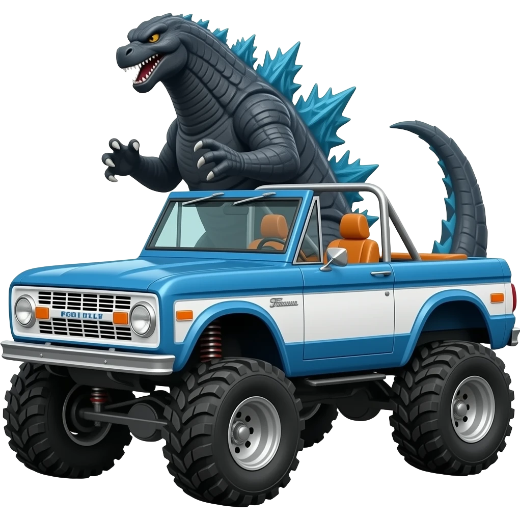 Godzilla behind 1967 ford bronco with two tone paint: blue on hood, blue with white stripe on sides, and orange interior. Convertible with no top but with full roll cage. Exaggerated lift and oversized 4x4 tires. emoji