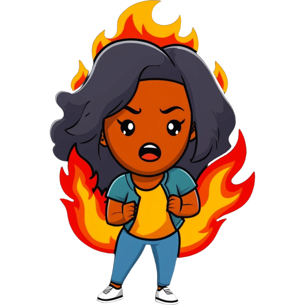 African American woman with long hair, frustrated expression, hair on fire emoji