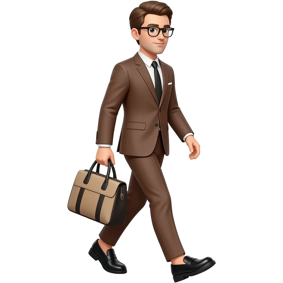 showing in image a man walking with a brown suit and skinny pants, and a platform loafers black, and she's carrying a bag. emoji