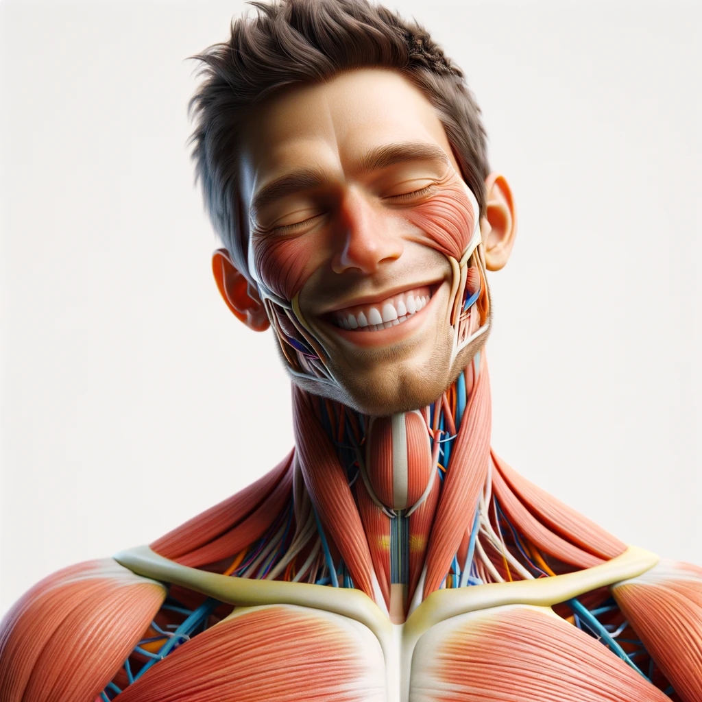 corpo umano anatomico a figura intera che sorride rilassato, iperrealistico 4k, isolato su sfondo bianco emoji