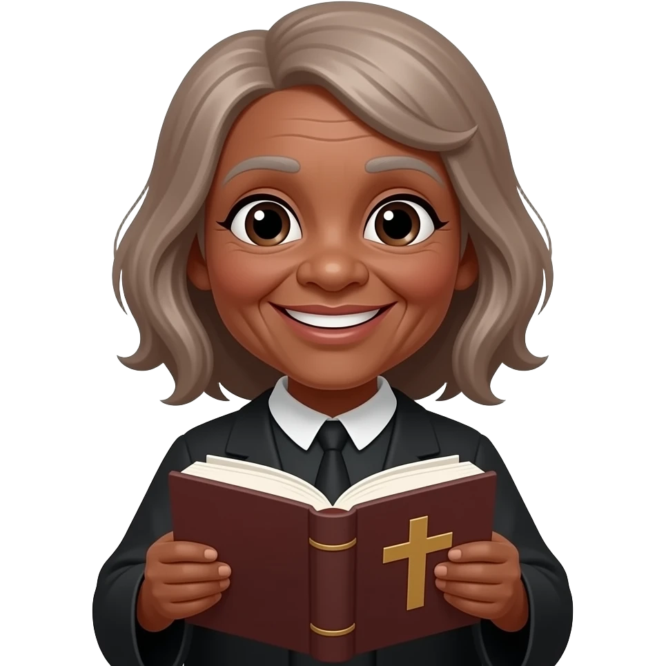wise old woman with greying brown hair black skin smile with book that has a cross on it emoji
