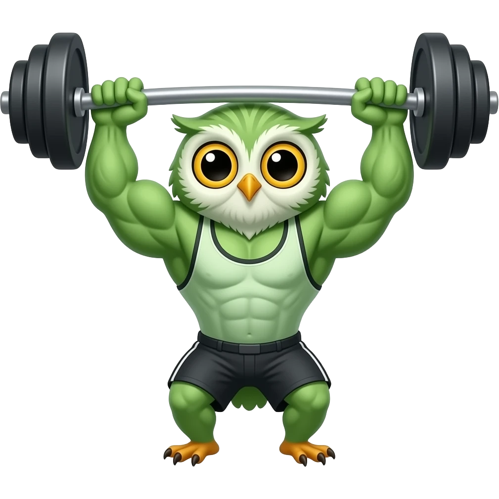Cartoon cute tiny Baby owl Body building Green skin Wight lifting backwards emoji