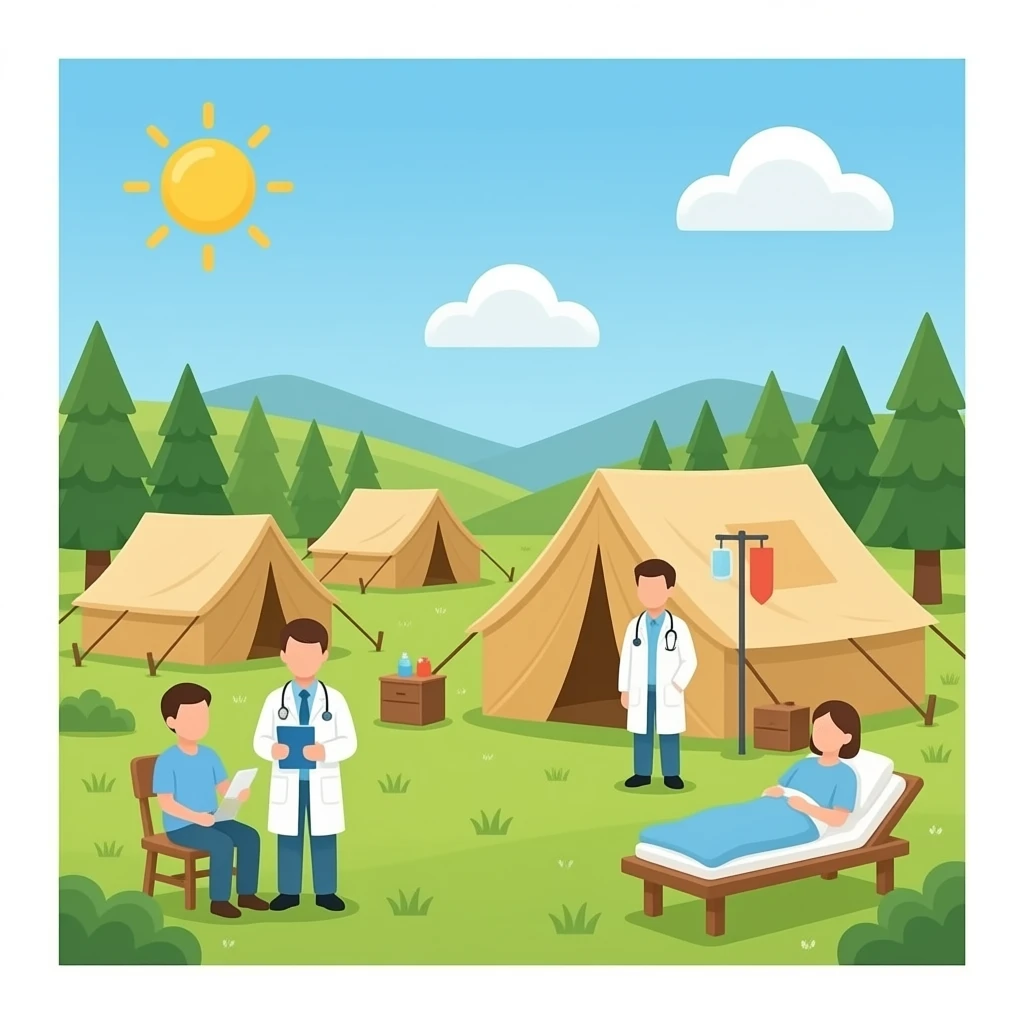 camp Hospital with some doctors and patients emoji