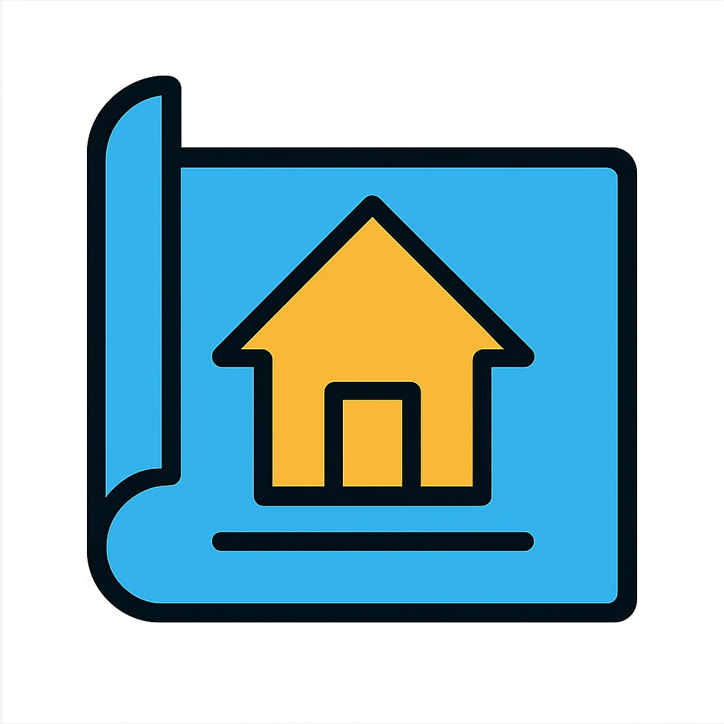 blueprint paper with a house outline, simple emoji