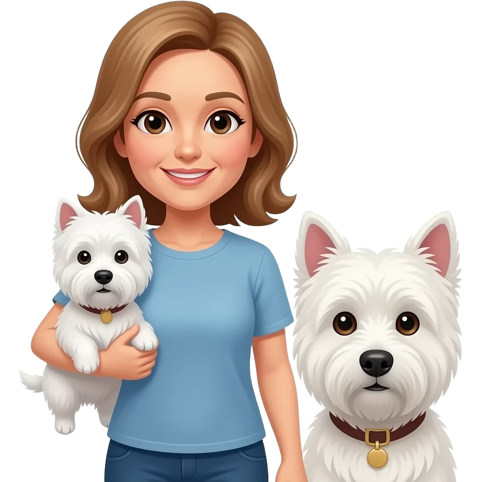 Middle age woman brown eyes , shoulder length light brown hair, with a female westie and a male westie emoji