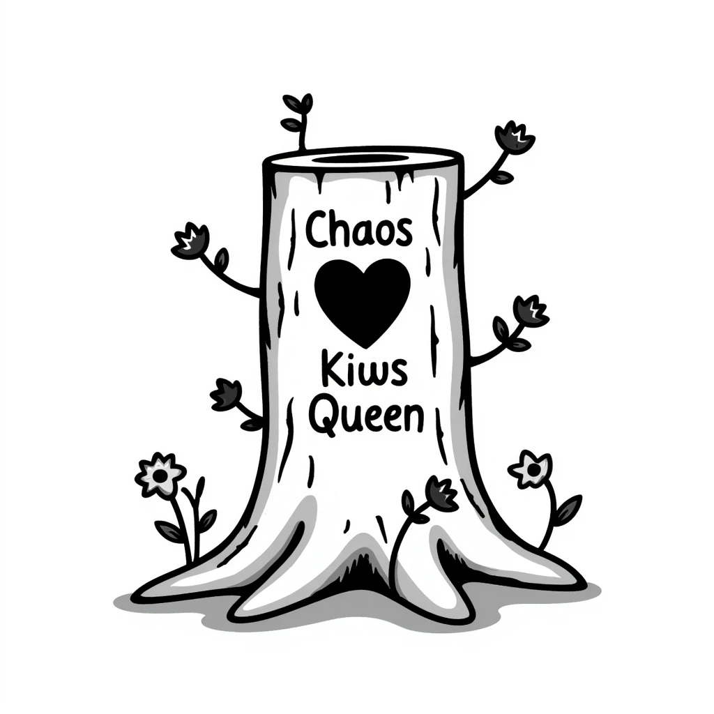 cartoonish tree stump with a heart carved inside, the words 'Chaos King' and 'Chaos Queen' carved inside the heart, vines and wildflowers growing around it, hand drawn doodle style emoji