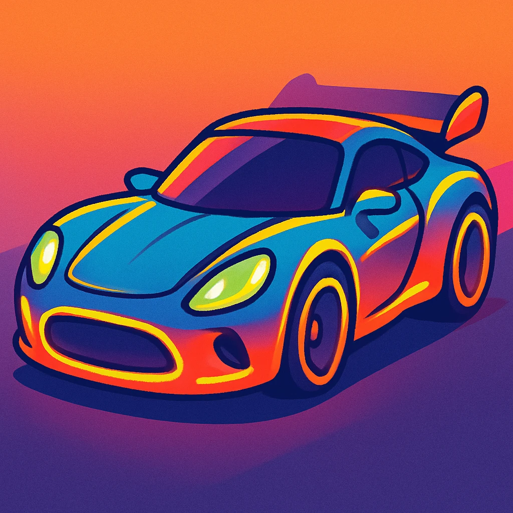 futuristic sports car with exaggerated curves and glowing accents in vibrant toon style emoji