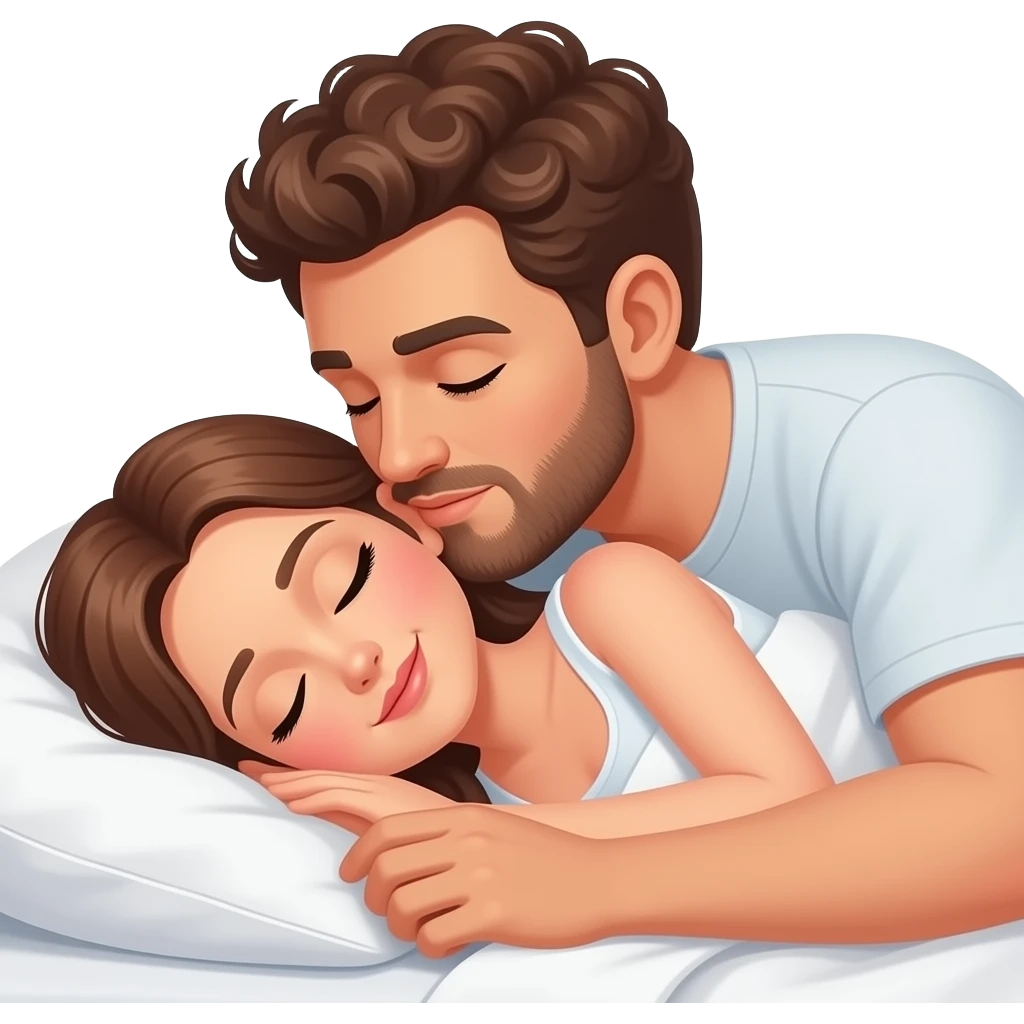 Realistic white man brown super short curly hair with beard kissing while sleeping in bed realistic white girl brown hair emoji
