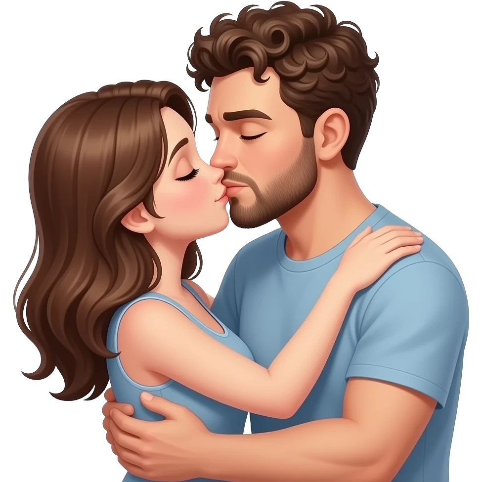 Realistic white skin man super short curly brown hair with beard kissing passionately and hugging realistic white girl brown hair emoji