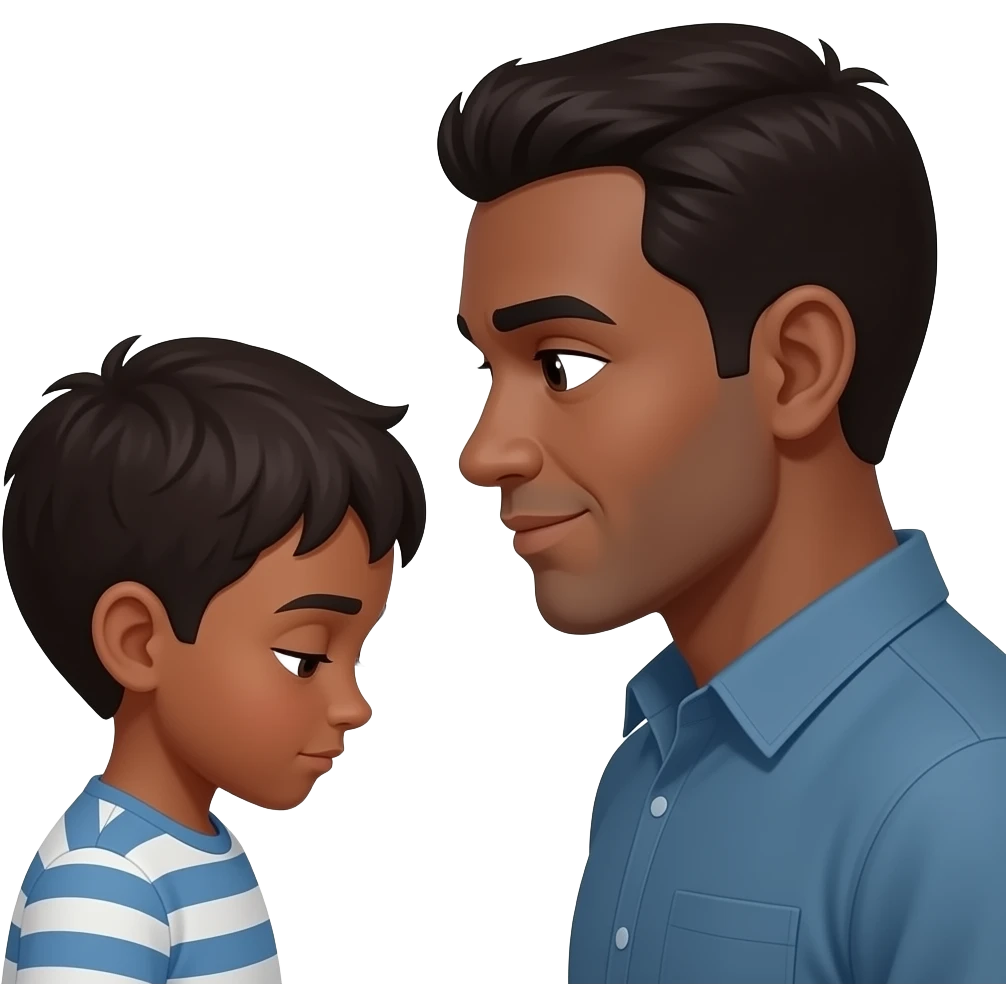 petit garçon peau noir tête baissé, face à un homme noir emoji