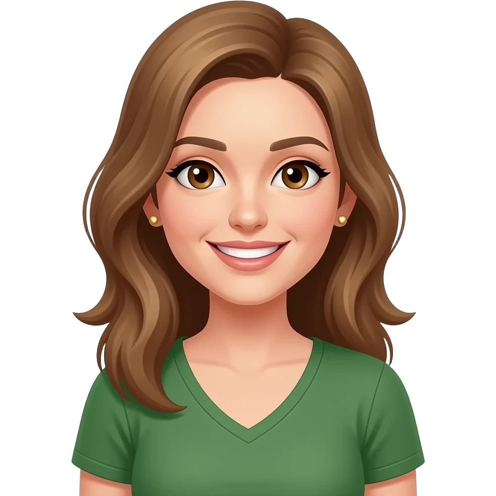beauty, woman, gold stud earrings, brown eyes, green v neck t shirt, smiling, light brown hair, hairstyle emoji