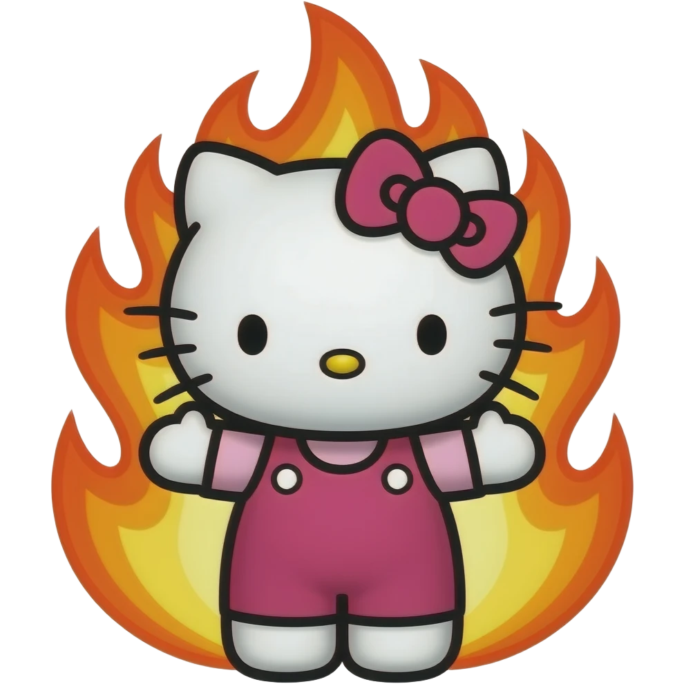 Hello Kitty with an angry face and flames behind her holding her hands in the air emoji