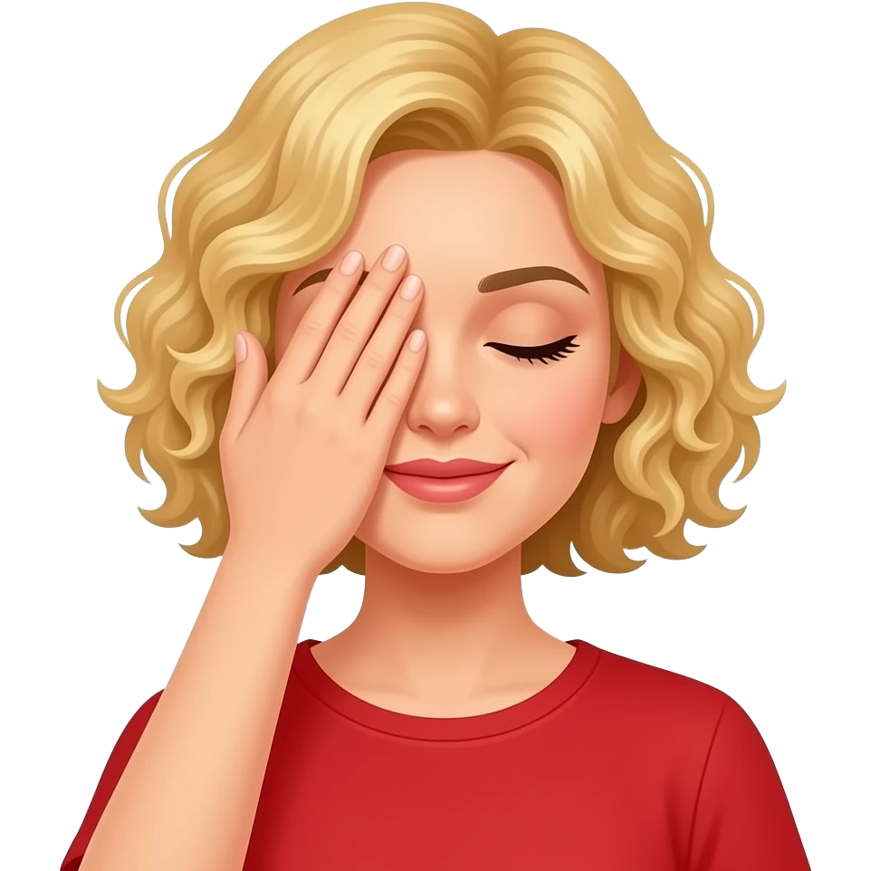 blonde curly bob covering eyes in red shirt emoji