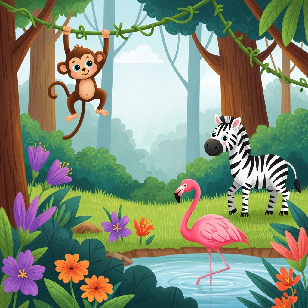 digital illustration of jungle safari in the style of children's story book emoji