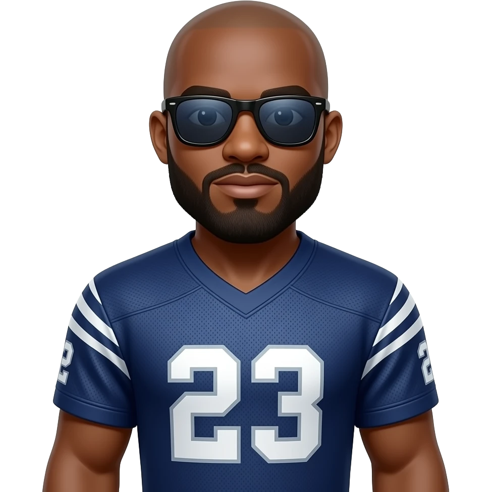 A bald black and a beard in shades whole body football jersey emoji